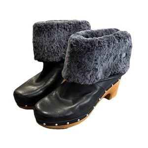 Ugg‎ Australia Lynnea Black Leather Shearling Lined Fold Over Boots Women's 7